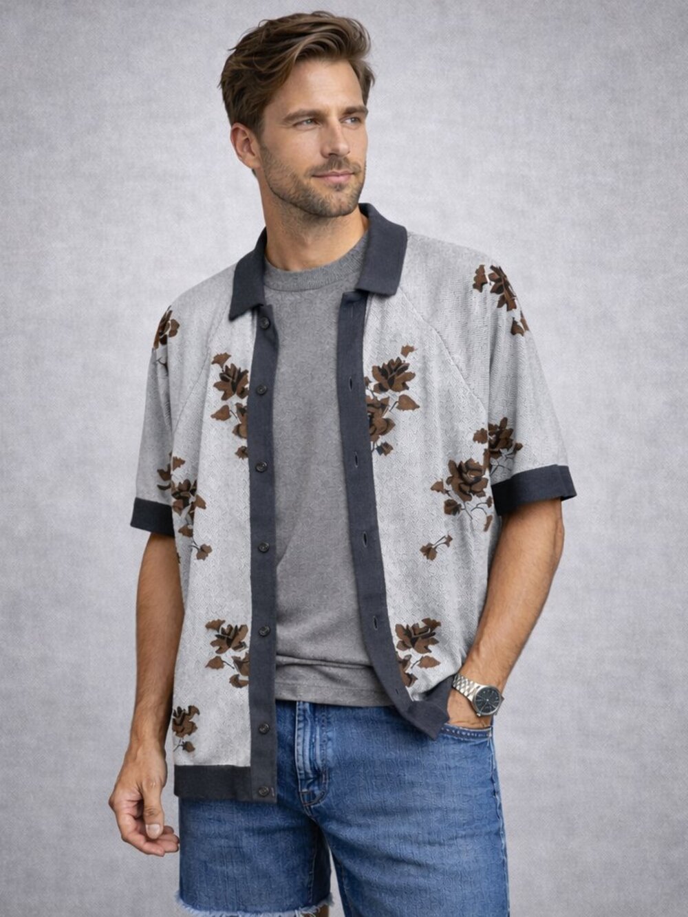 Jason Wu Floral Knit Cardigan Gray Button Front Short Sleeve Designer Sweater